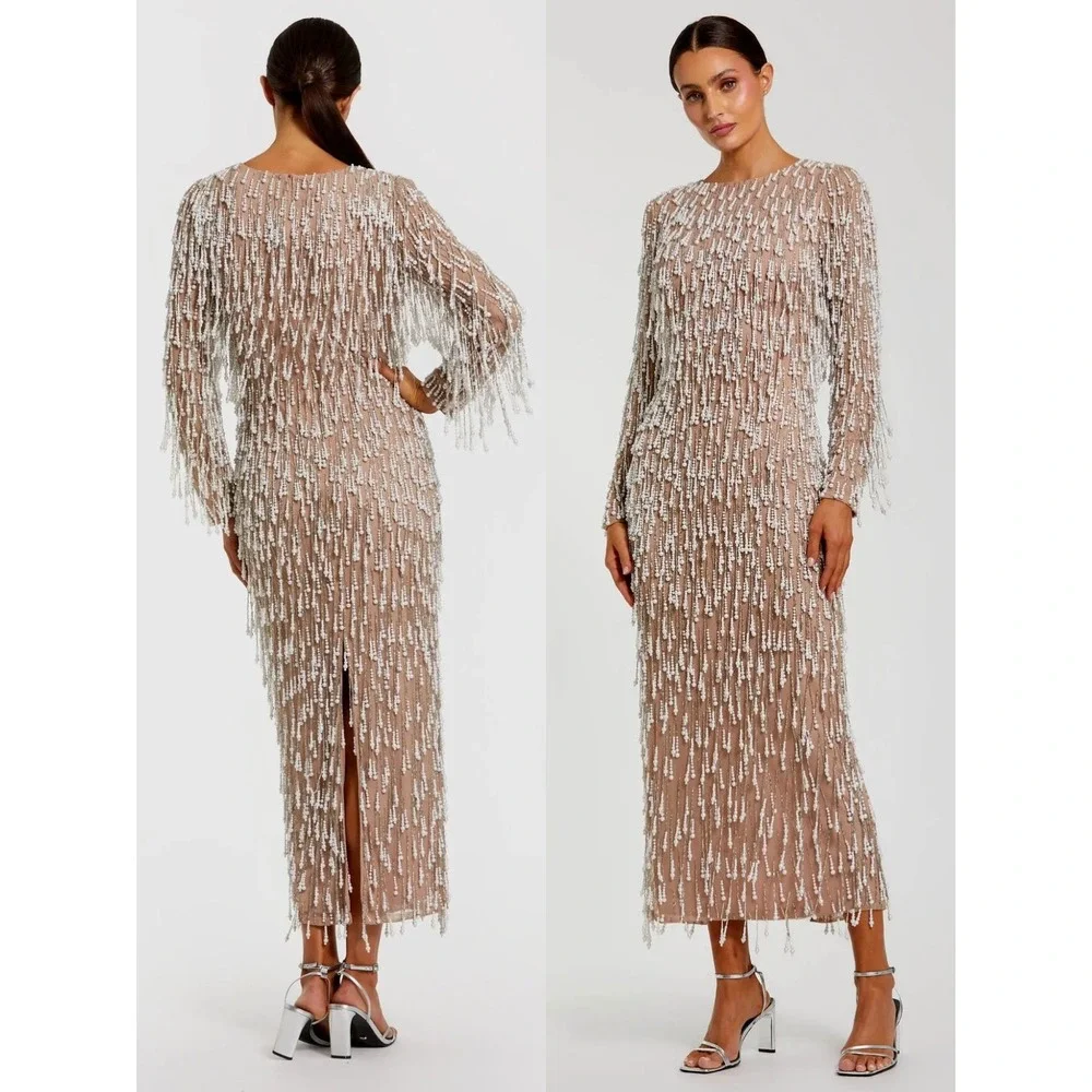 Mac Duggal Beige Long Sleeve Midi Dress With Embellished Fringe $898 - Size‎ 12